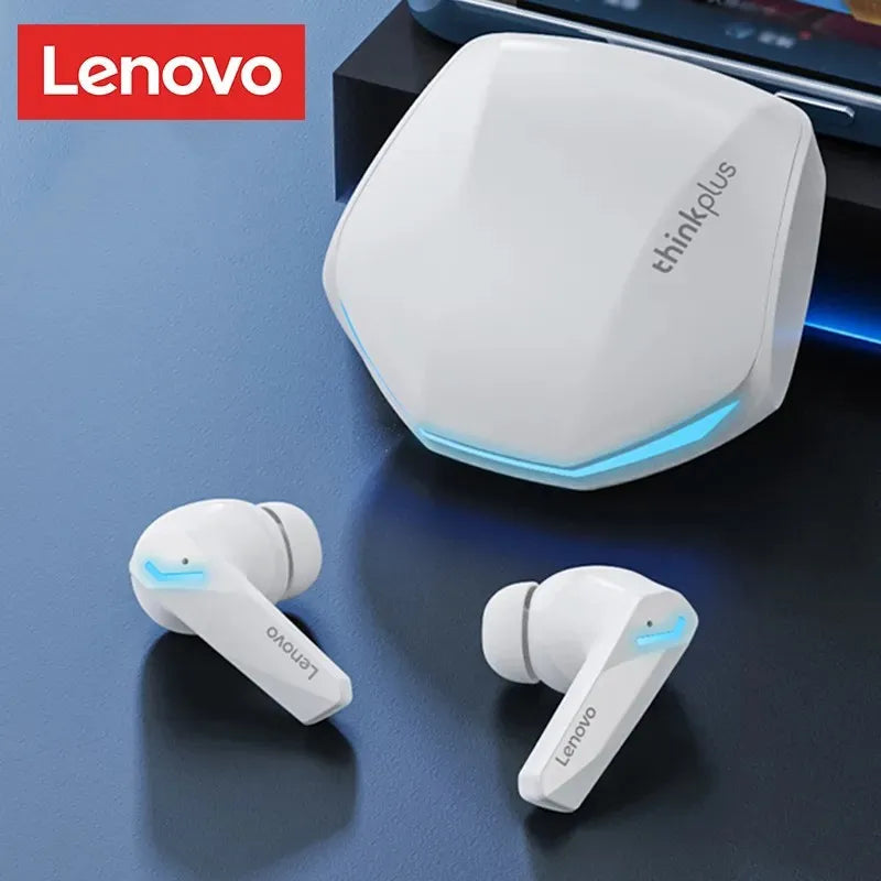 White Lenovo GM2 Pro wireless earbuds displayed with a sleek hexagonal charging case, designed for gaming and calls.